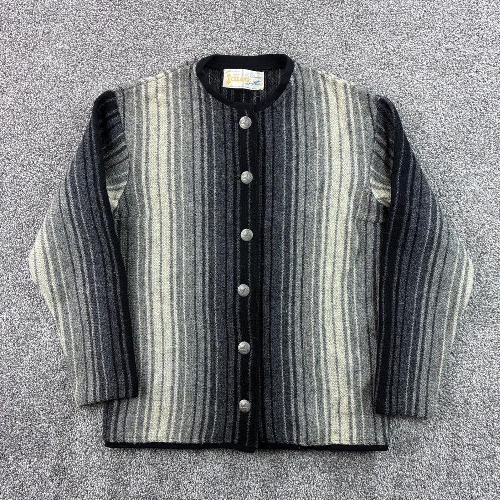 Vintage Iceland Jersey Modeller Cardigan Sweater Womens Medium Gray Striped Wool